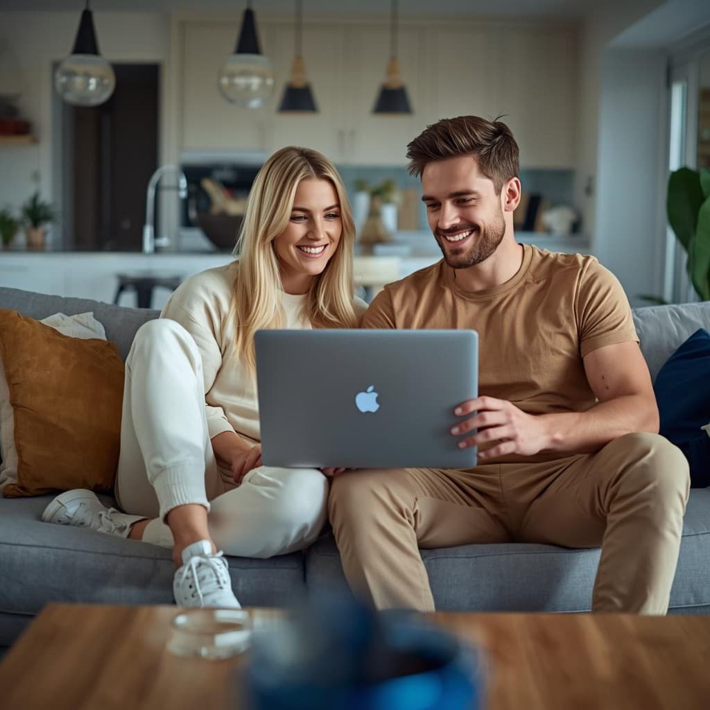 Couple reviewing a home purchase on a laptop at home