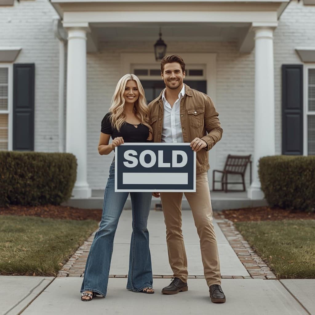 Couple with a sold sign in front of a home
