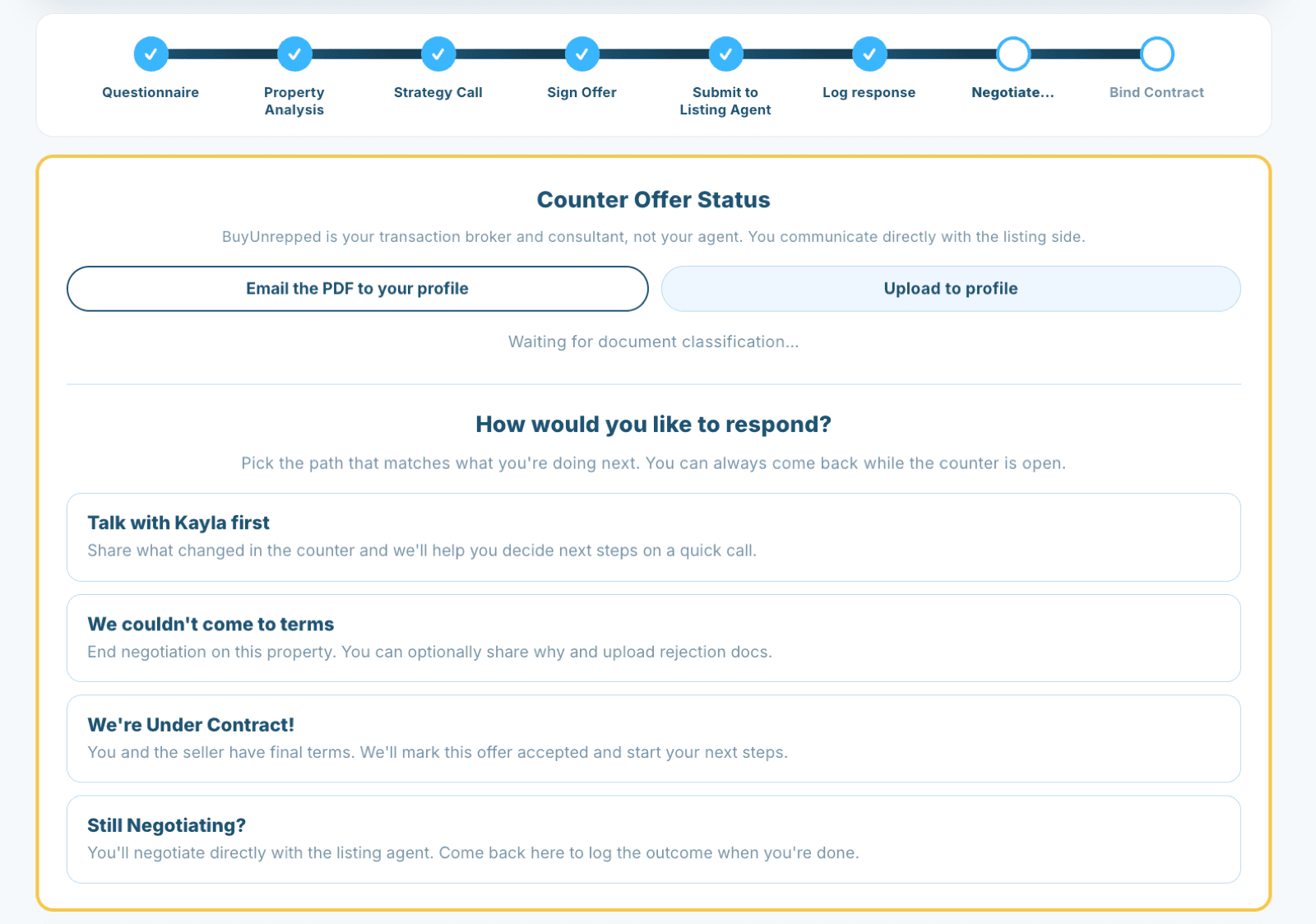 BuyUnrepped counteroffer screen showing response options for the buyer