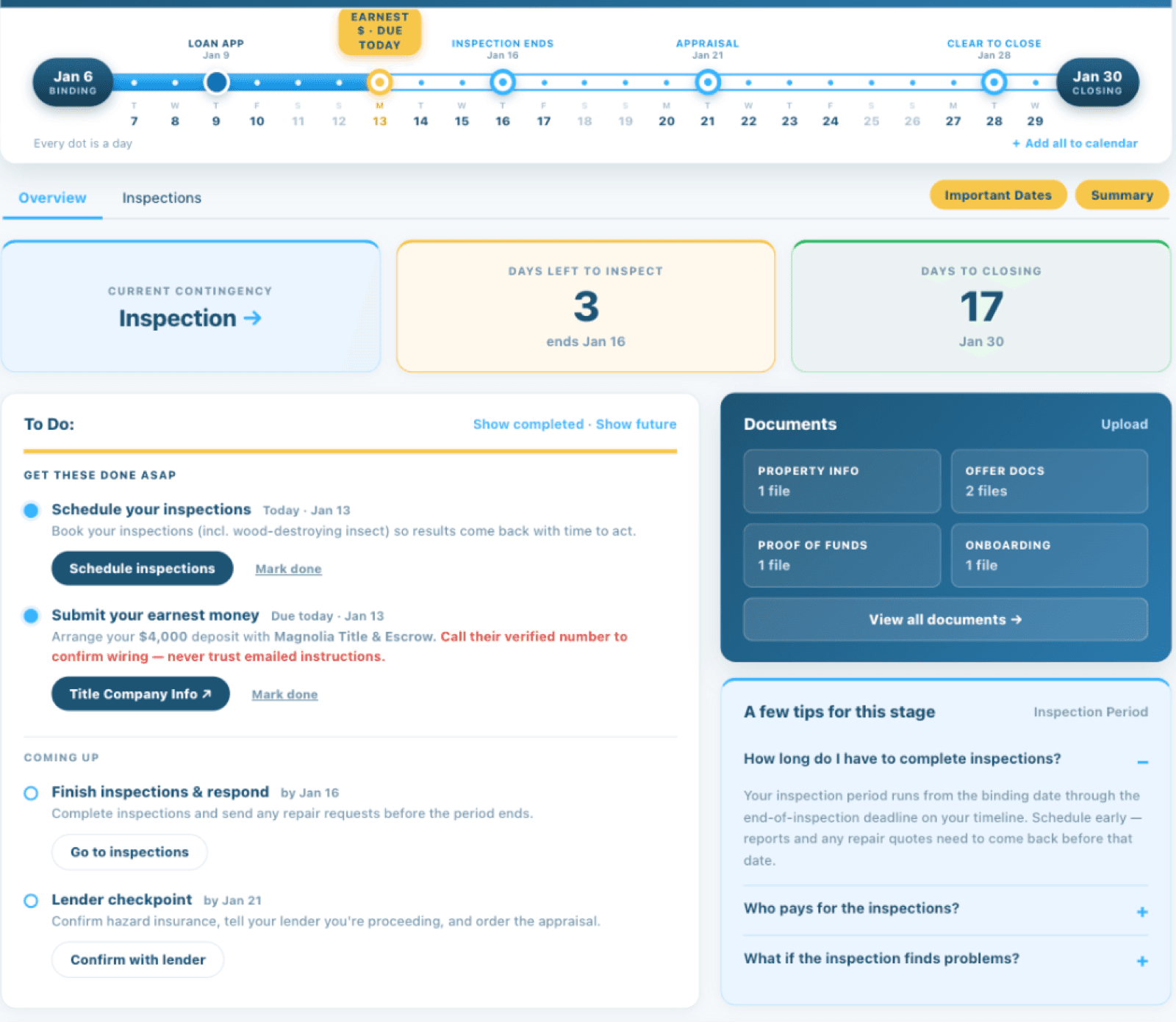 BuyUnrepped transaction dashboard with closing timeline, deadlines, documents, and next steps